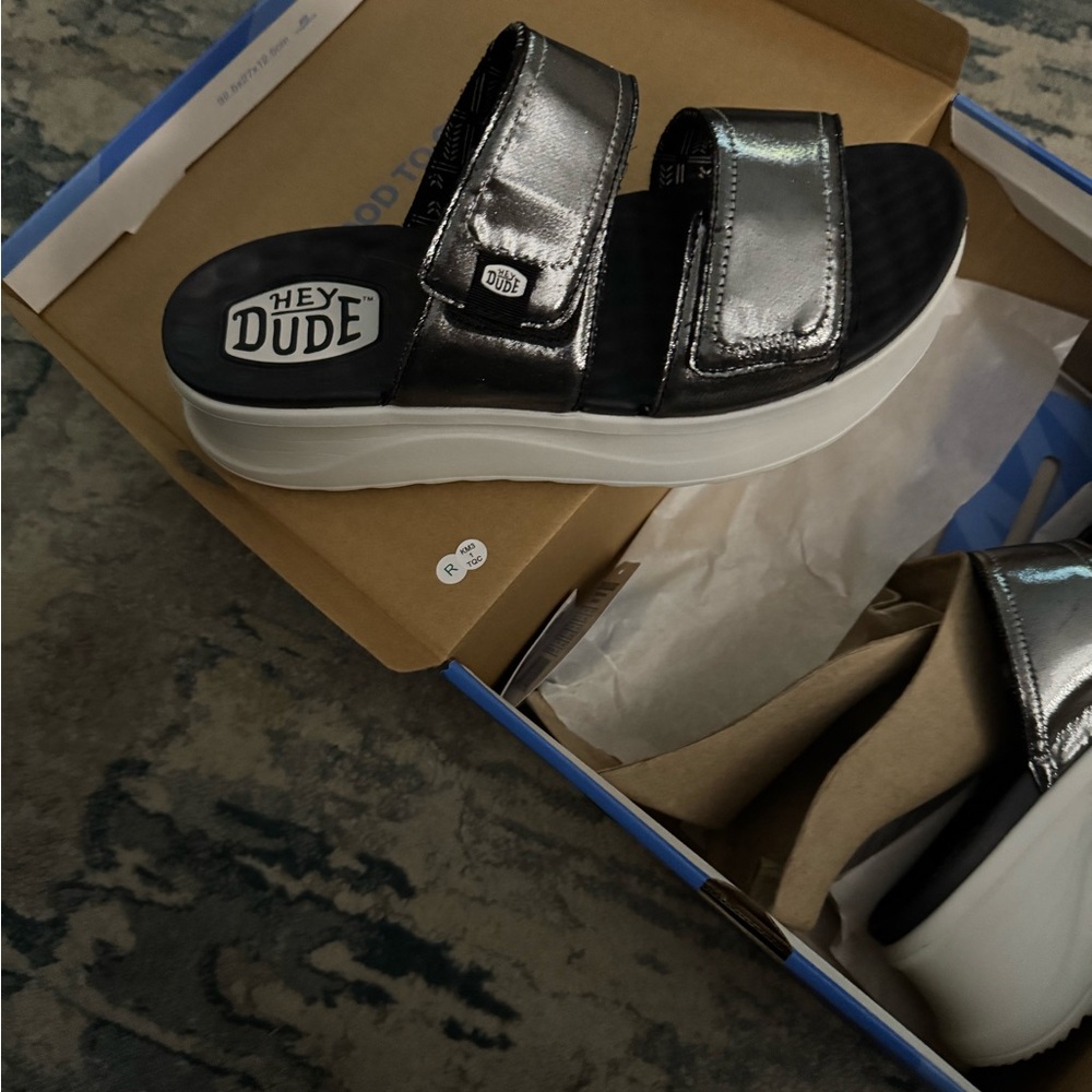 Hey Dude Silver and White Sandals with Cushioned Sole